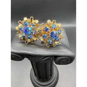 Blue AB Rhinestone Earrings Gold Tone Filigree Screw Back Clip On Vintage